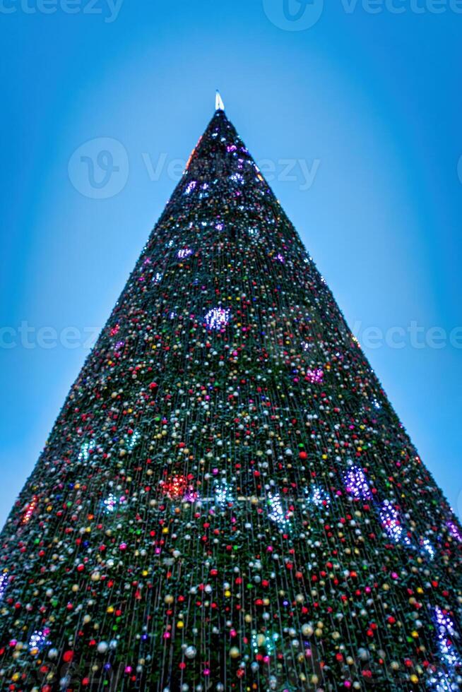 Artificial Christmas tree in garlands at twilight. photo