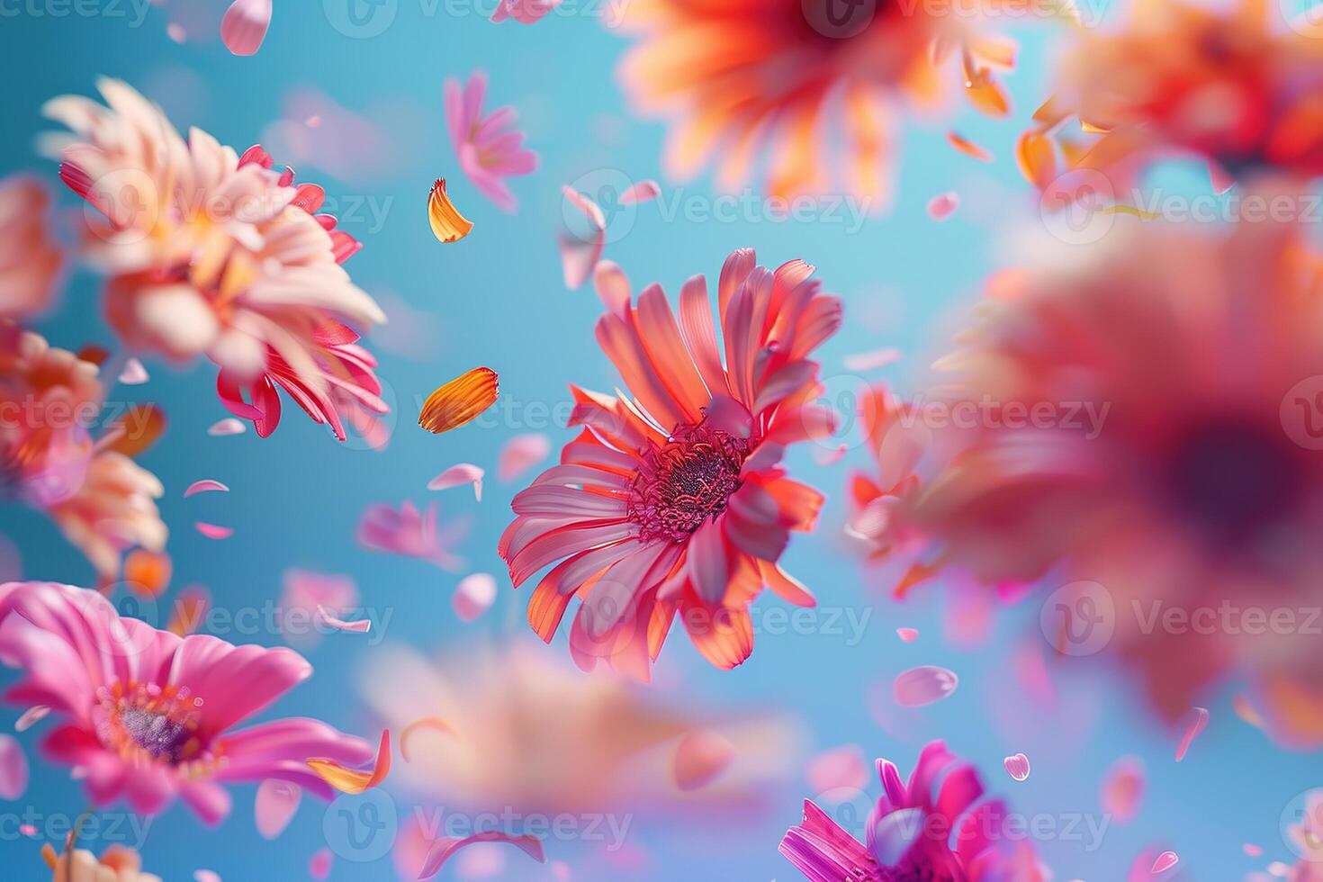 Abstract explosion of many colorful flowers and petals on a uniform background. photo