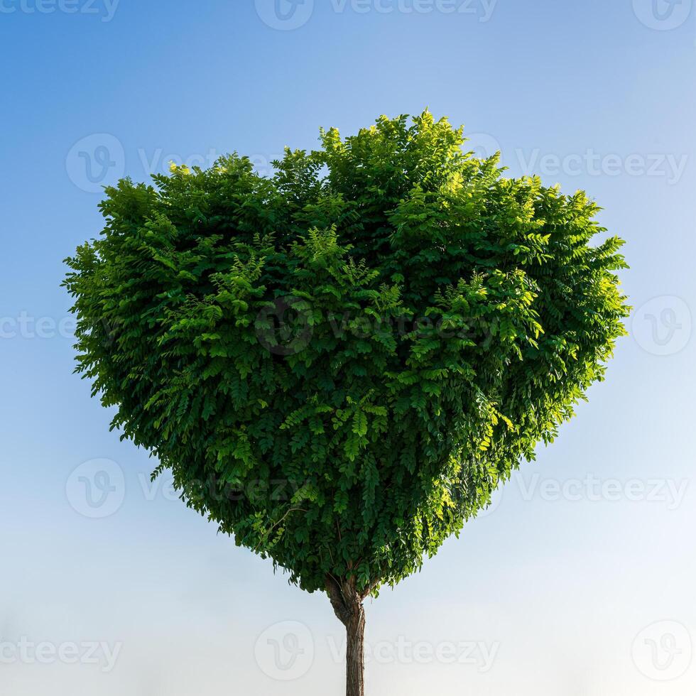 Tree with green leaves in the shape of a heart against a blue sky. The concept of love for nature and environmental protection. Valentine's day background. photo