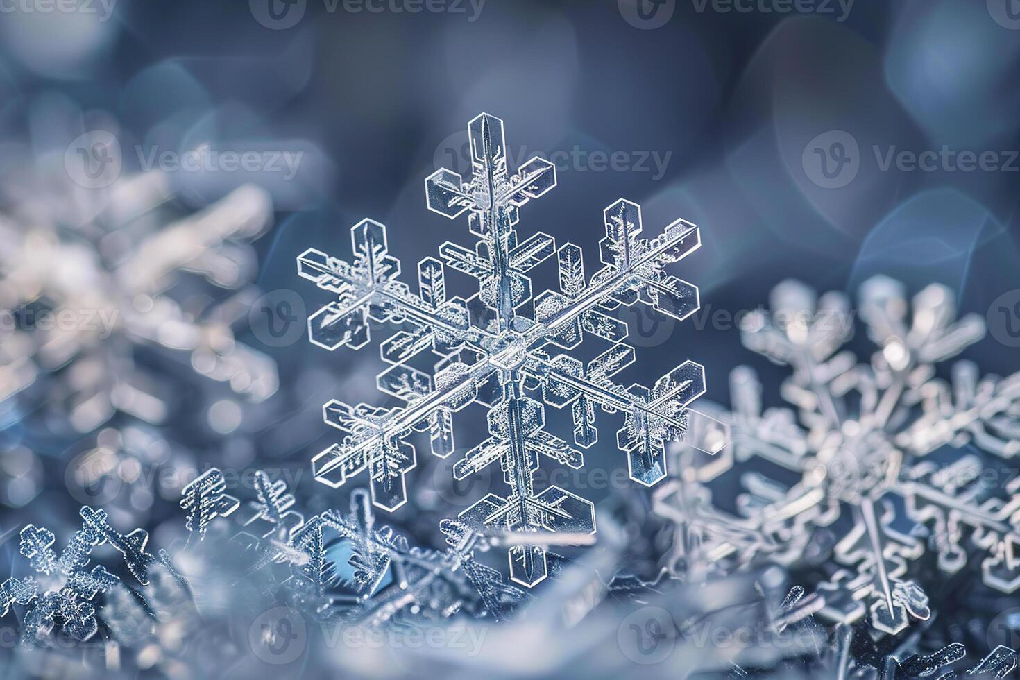 A snowflake under a microscope in the shape of a six-pointed star. photo