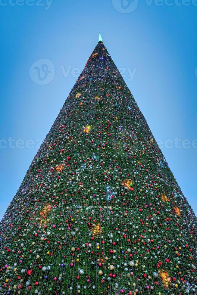 Artificial Christmas tree in garlands at twilight. photo