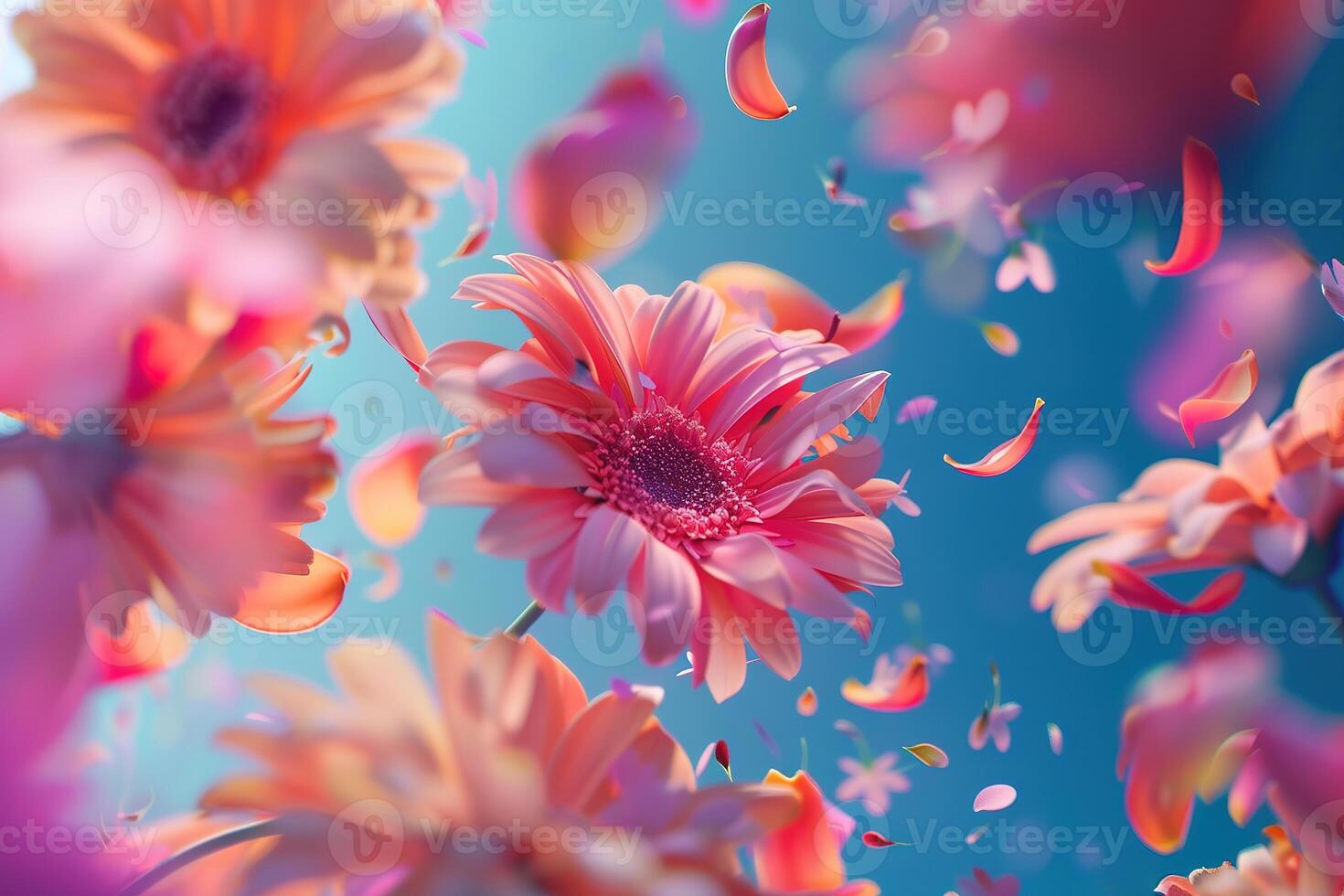 Abstract explosion of many colorful flowers and petals on a uniform background. photo