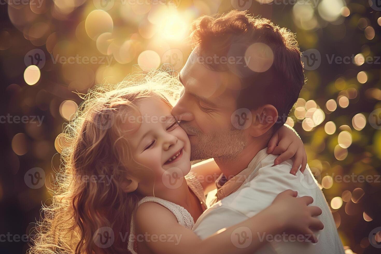 A little girl hugging her father in nature on Father's Day. photo