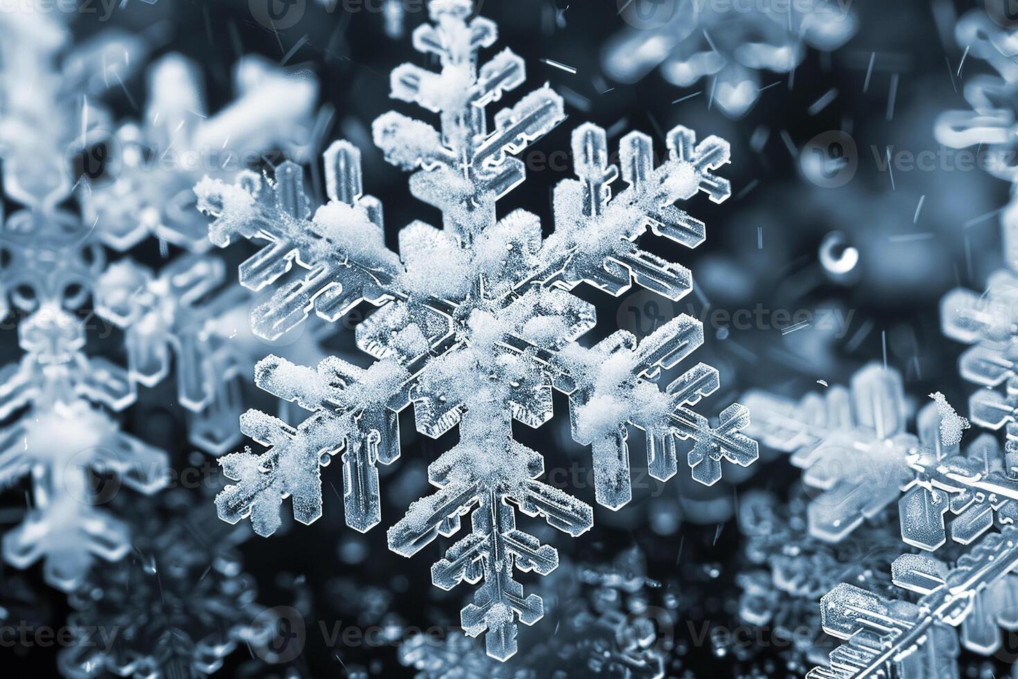 A snowflake under a microscope in the shape of a six-pointed star. photo
