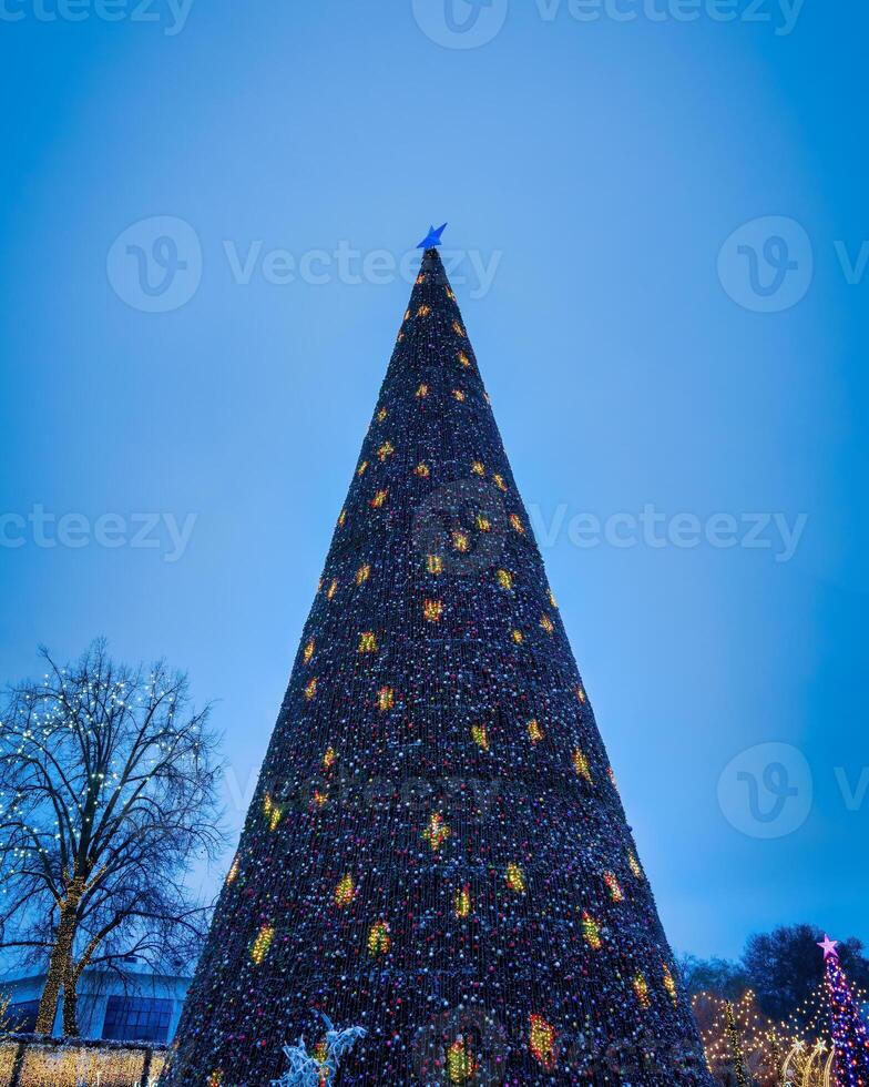 artificial Navidad árbol en guirnaldas a crepúsculo. foto