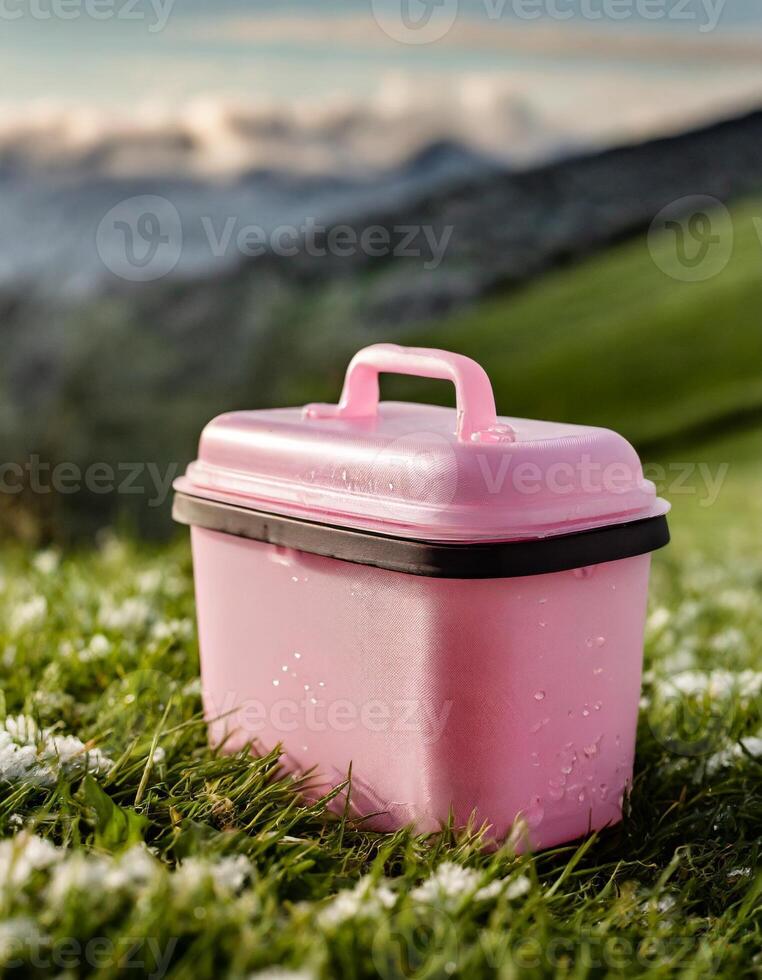 Ice box drink cooler mockup, on grass in urban parque photo