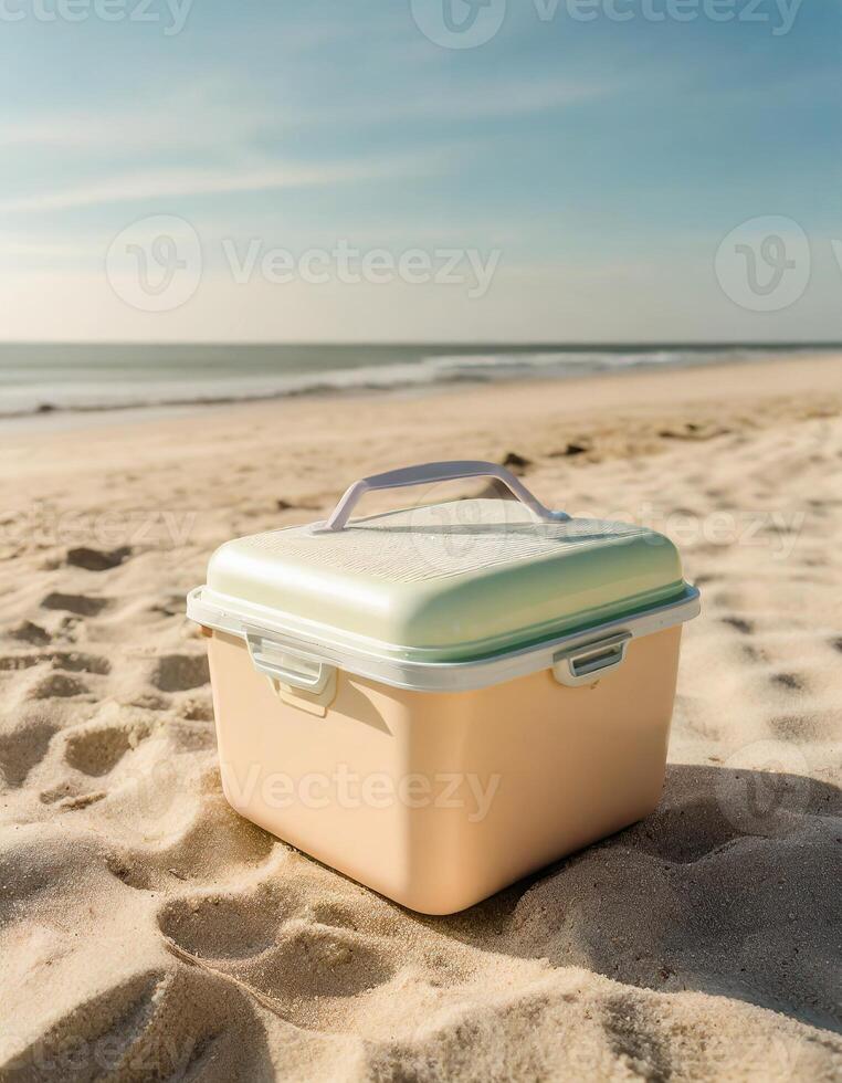 Ice box, drink cooler, portable fridge on the beach, photo