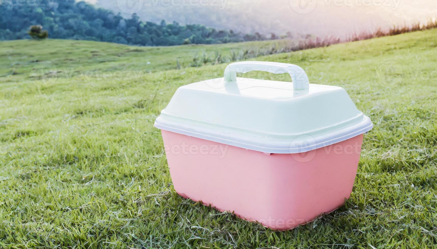 Ice box drink cooler mockup, on grass in urban parque photo
