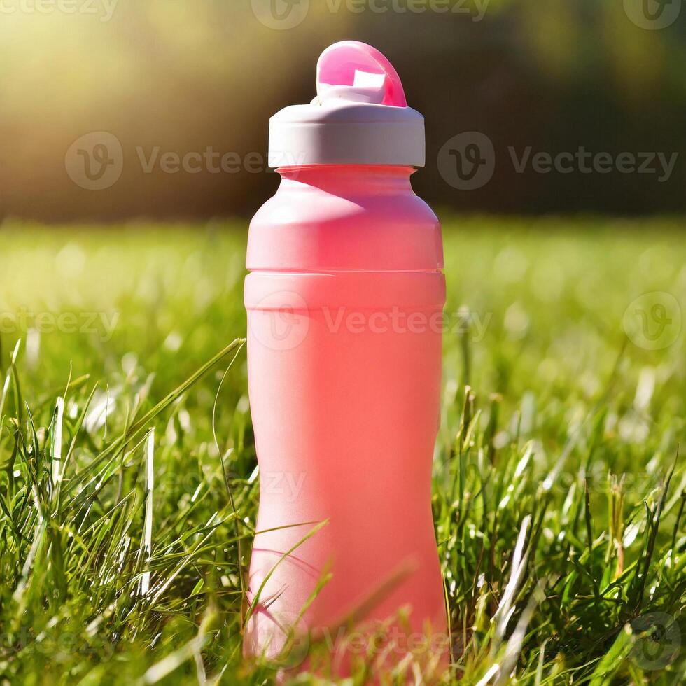 Bottle of sport drink on grass, nature background, health life concept photo