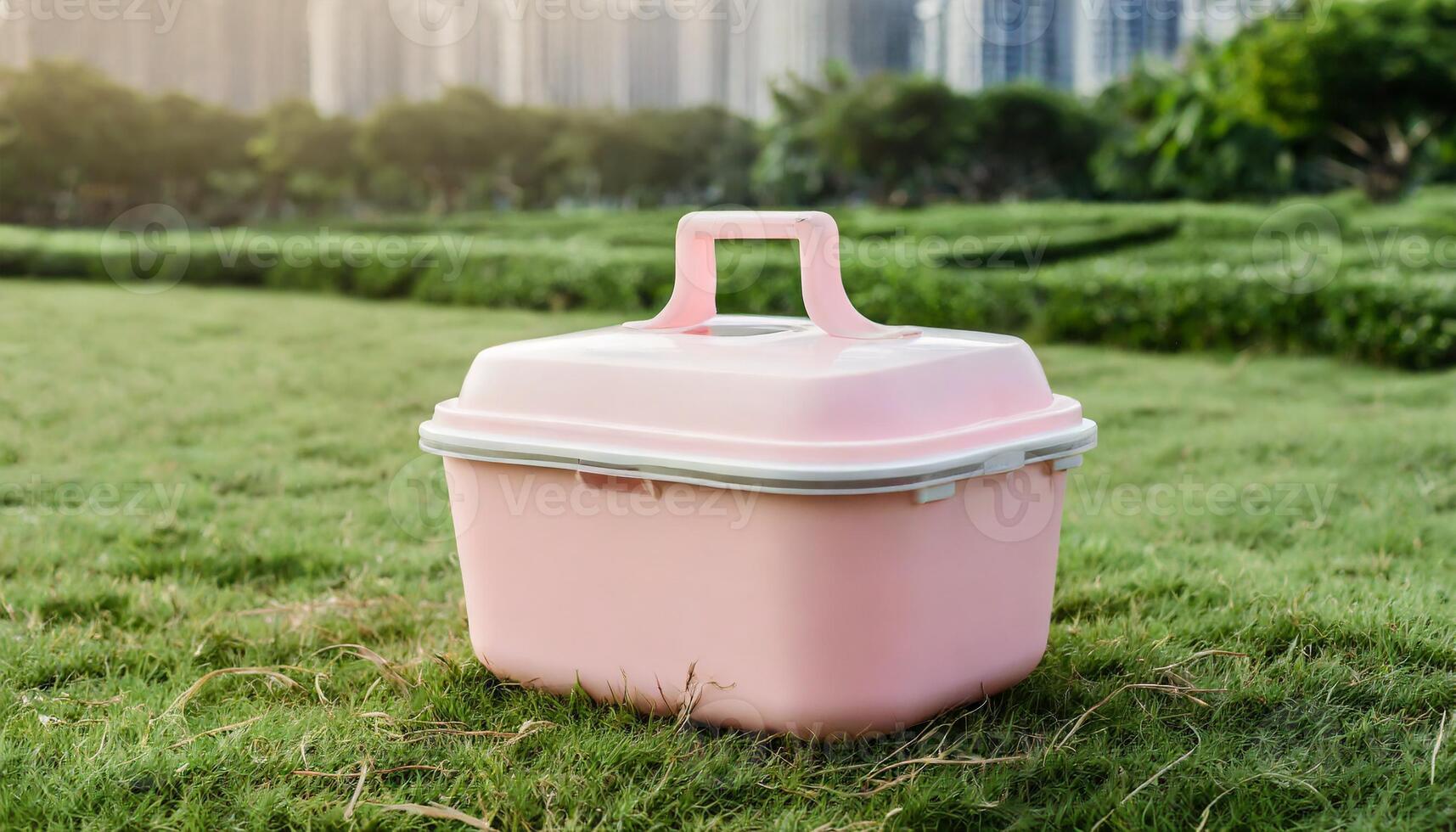 Ice box drink cooler mockup, on grass in urban parque photo