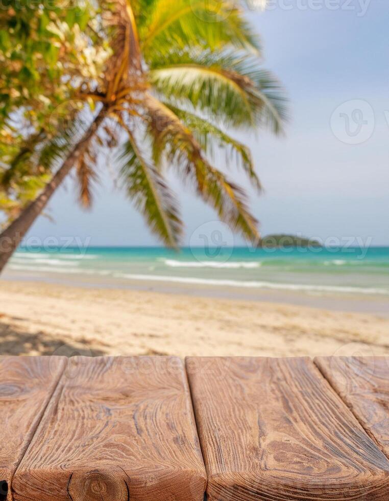 Beach Product Mockup Concept. Wooden Table with Tropical Beach Background photo