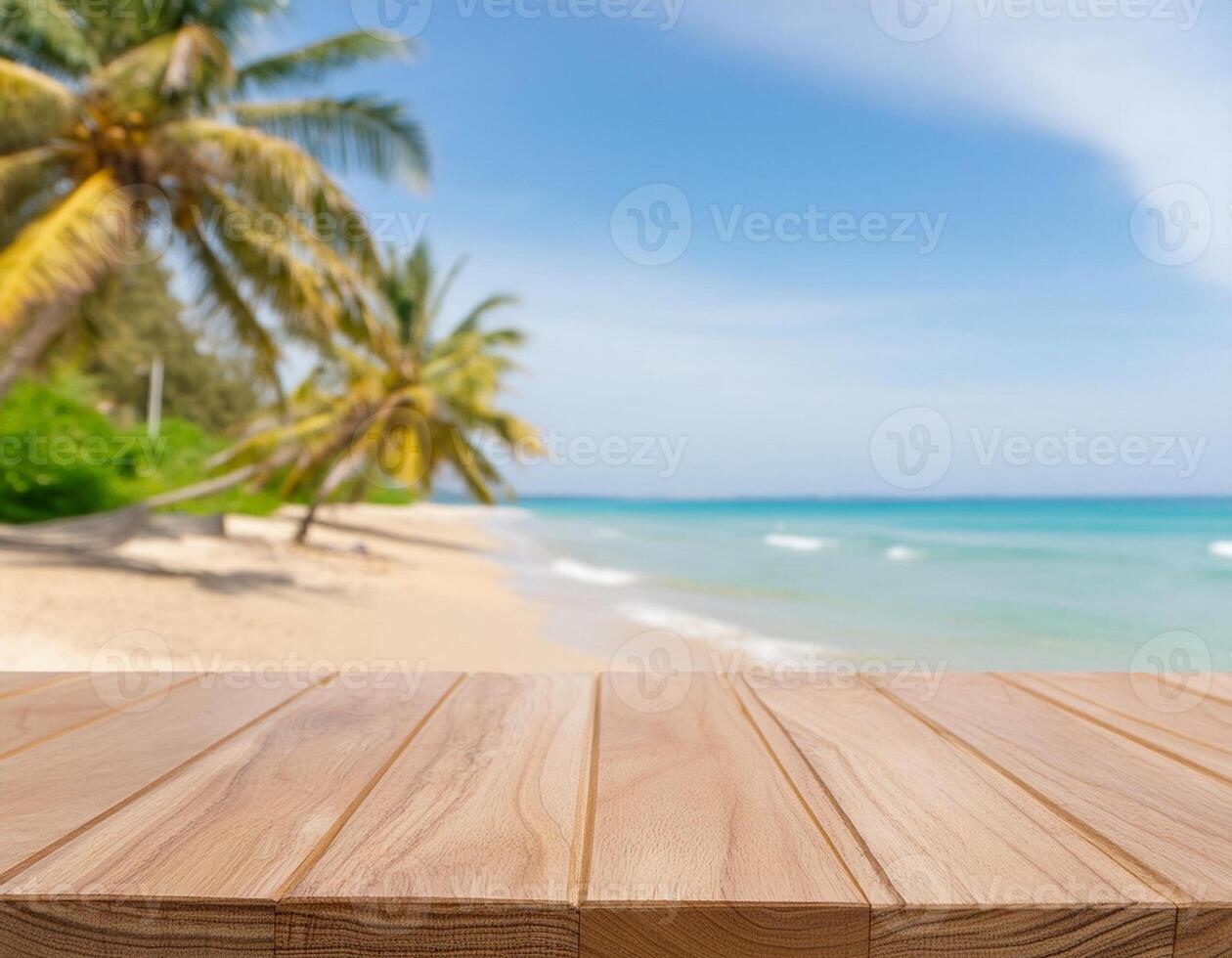 Beach Product Mockup Concept. Wooden Table with Tropical Beach Background photo