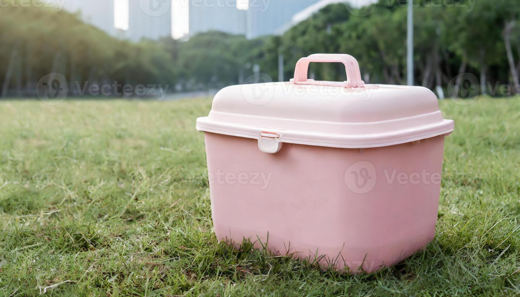 Ice box drink cooler mockup, on grass in urban parque photo