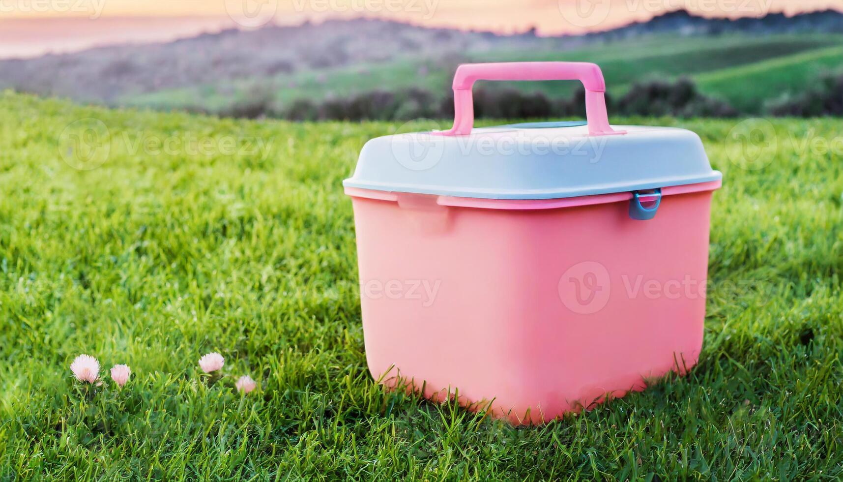 Ice box drink cooler mockup, on grass in urban parque photo