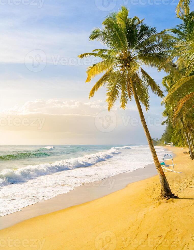 Tropical beach, ocean shore, palms, blue sea, vacation concept photo