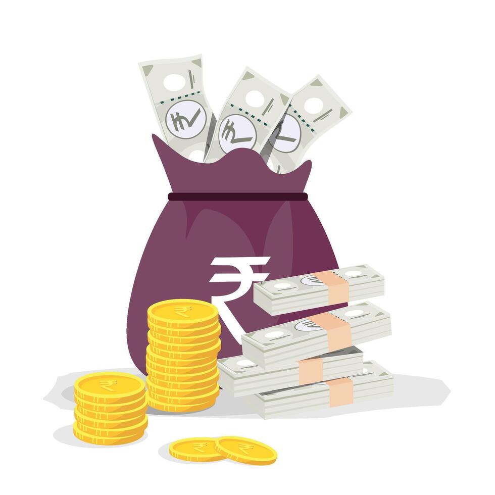 Rupee bag, rupee note and coin showing growth vector