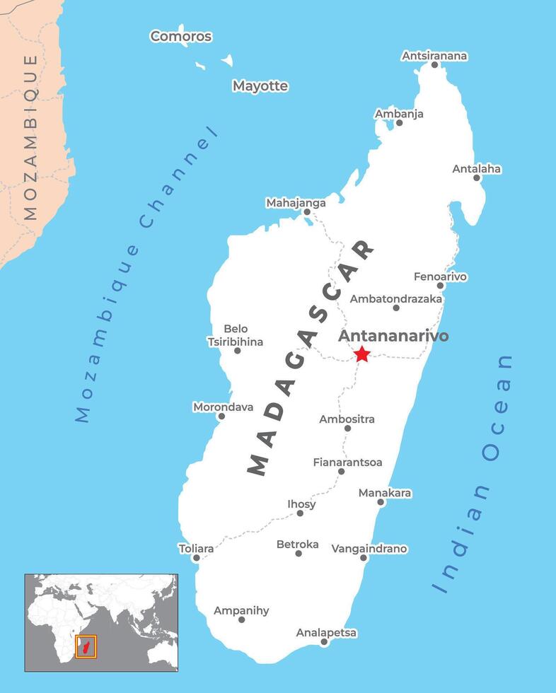 Madagascar Political Map and capital Antananarivo with national borders and important cities vector