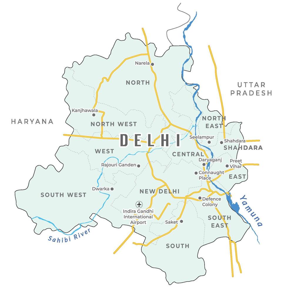 detallado mapa de Delhi con distrito y importante lugares vector