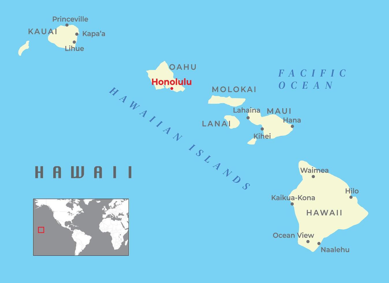 Hawai islas político mapa y capital honolulú, con más importante ciudades vector