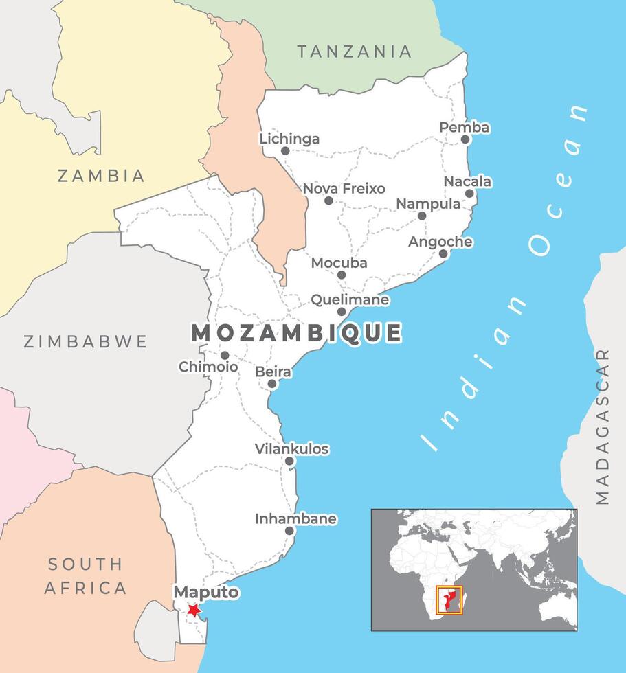 Mozambique Political Map and capital Maputo, with national borders and most important cities vector