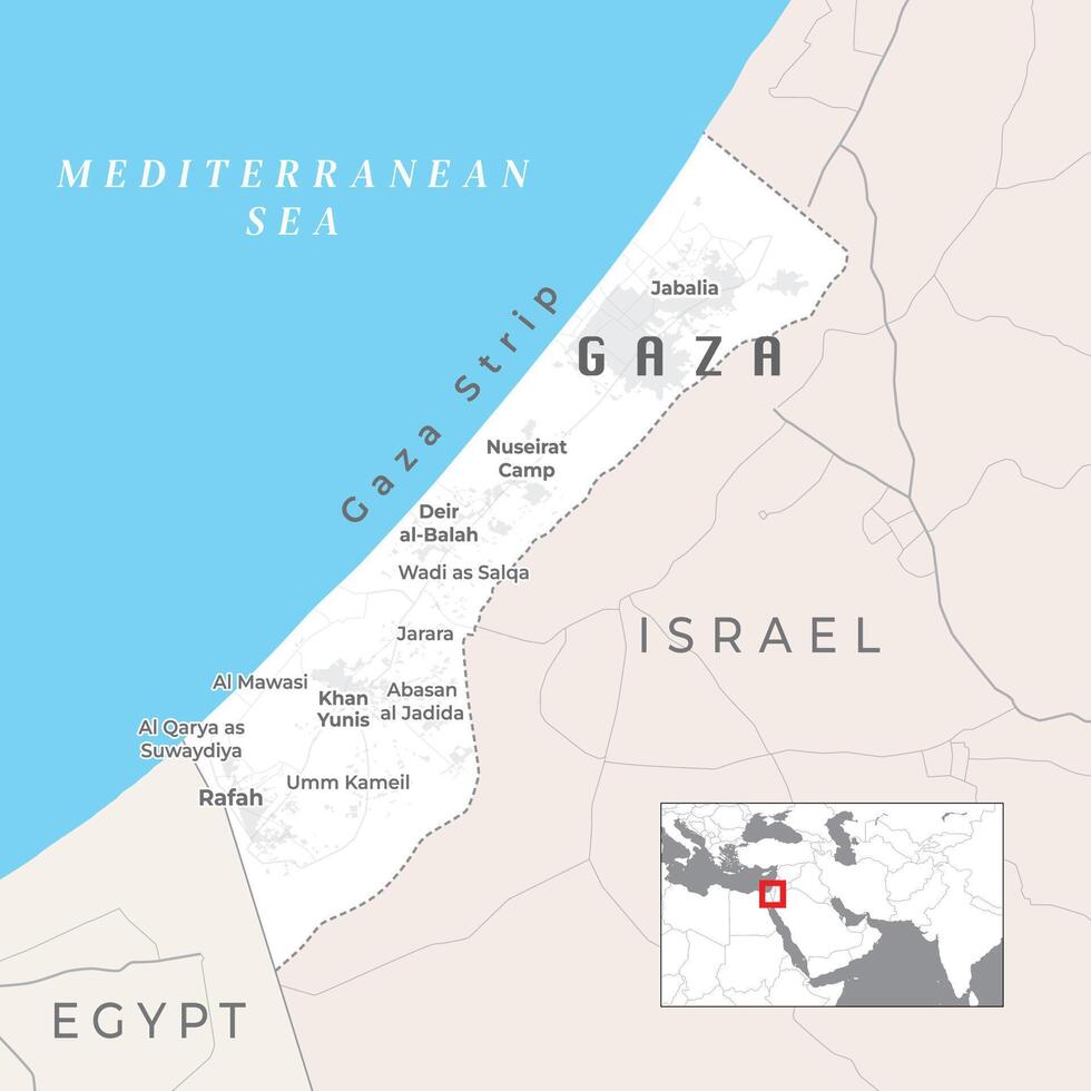 Gaza Strip political map. Palestinian territory on the coast of Mediterranean Sea. vector