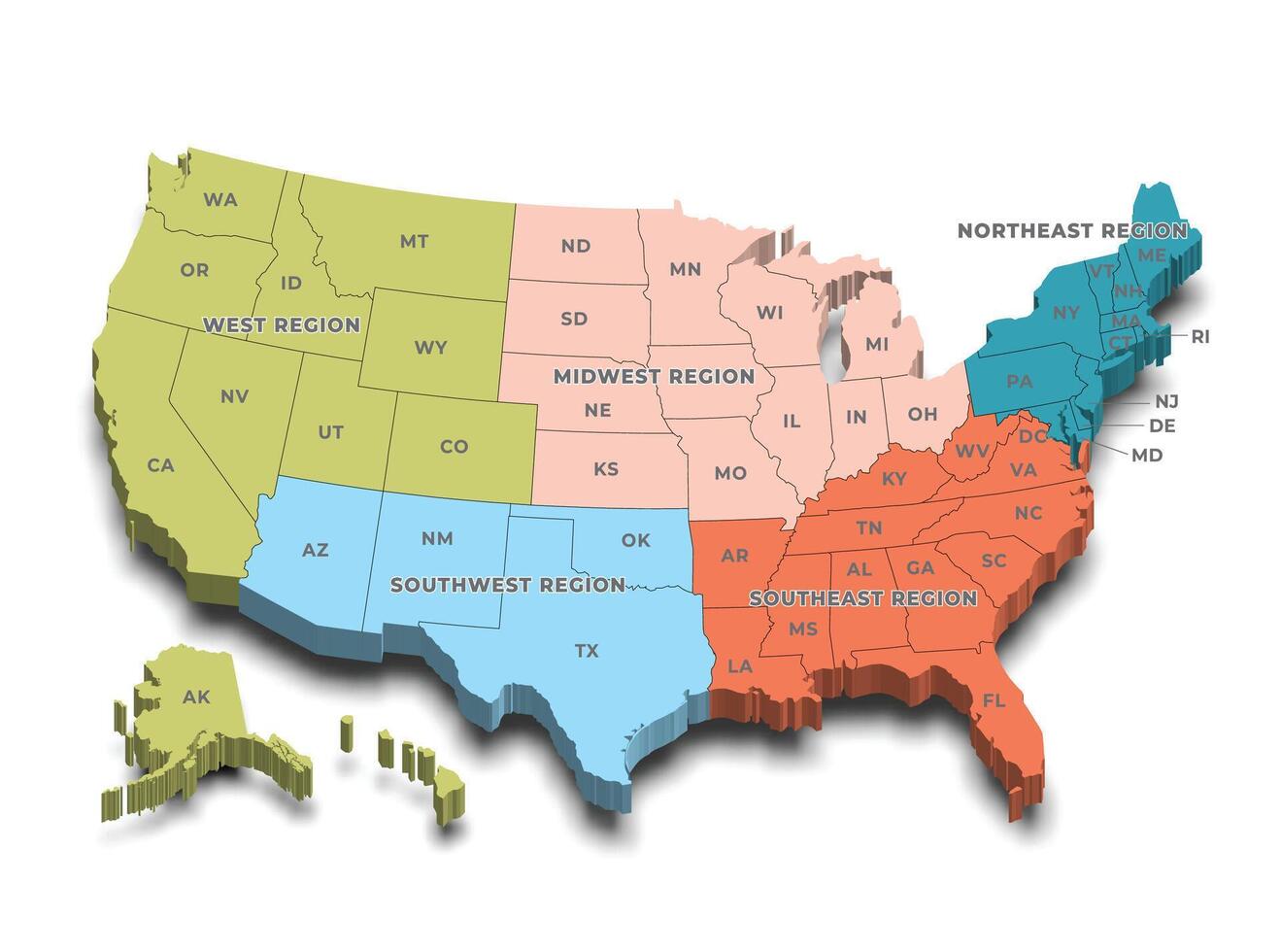 Region wise 3d map of United States of America vector