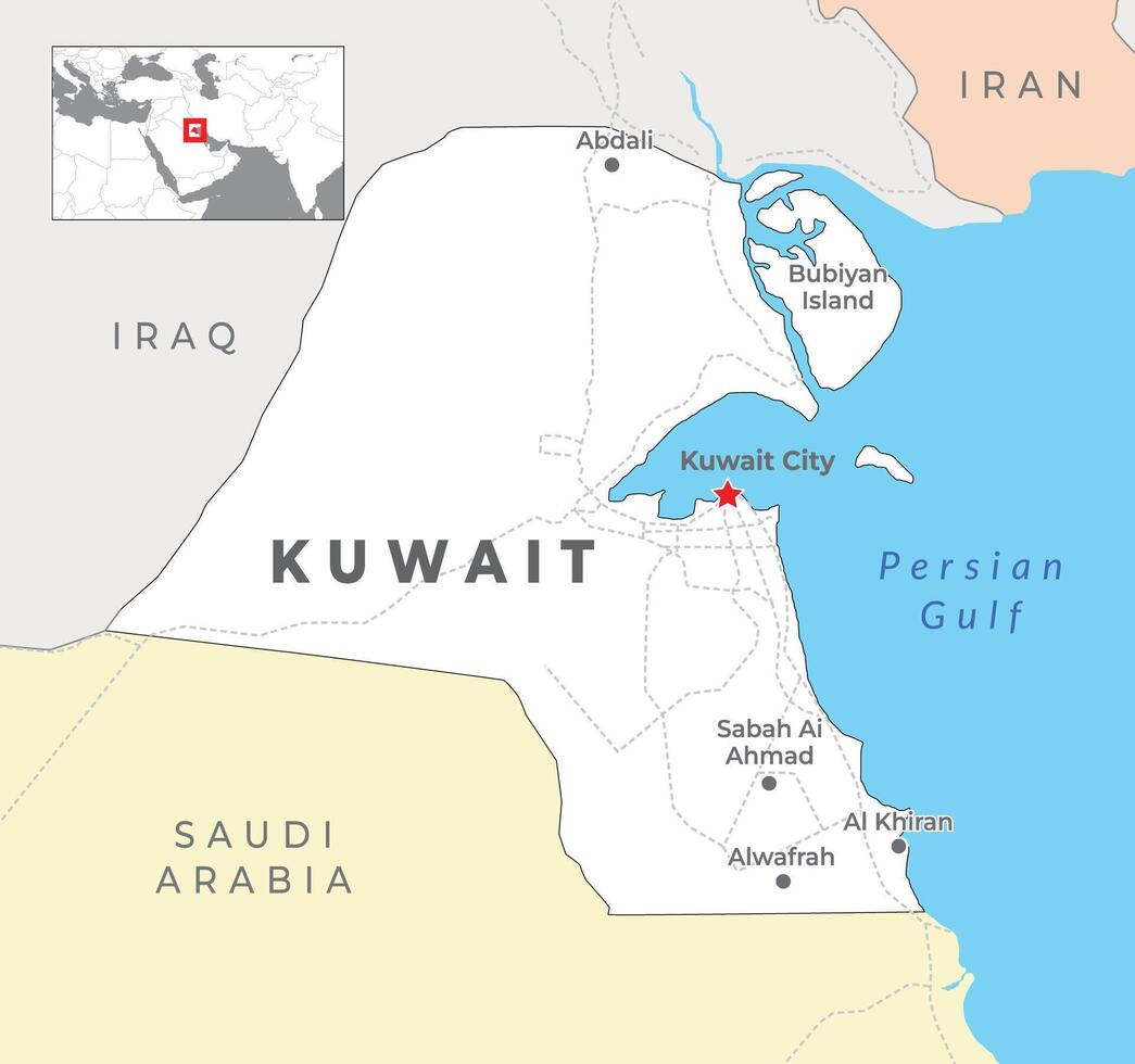 Kuwait político mapa con capital Kuwait ciudad, más importante ciudades con nacional fronteras vector