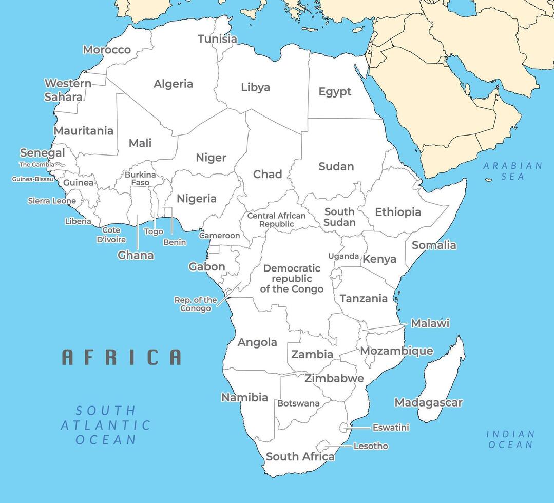 África político mapa. mas grande continente, incluso Madagascar. con país nombres y internacional fronteras vector