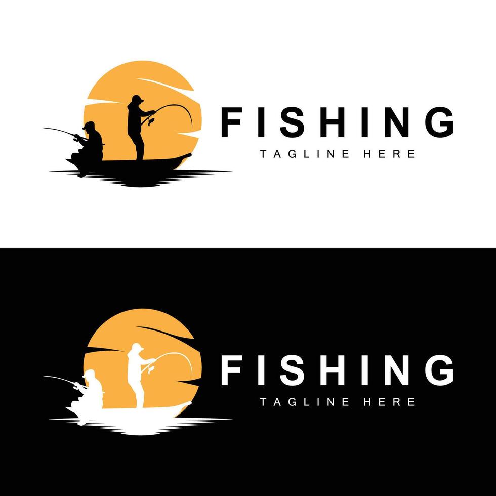 fishing logo icon , catch fish on the boat, outdoor sunset silhouette design vector