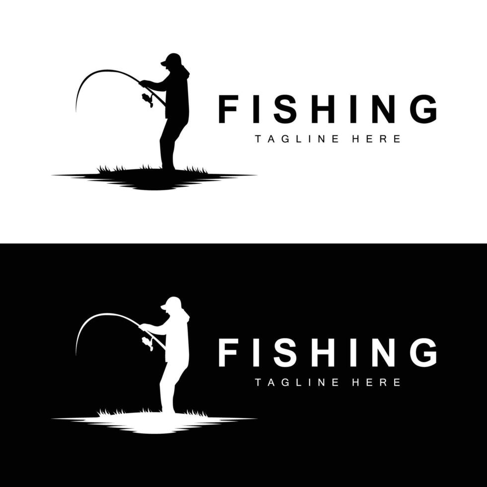 fishing logo icon , catch fish on the boat, outdoor sunset silhouette design vector