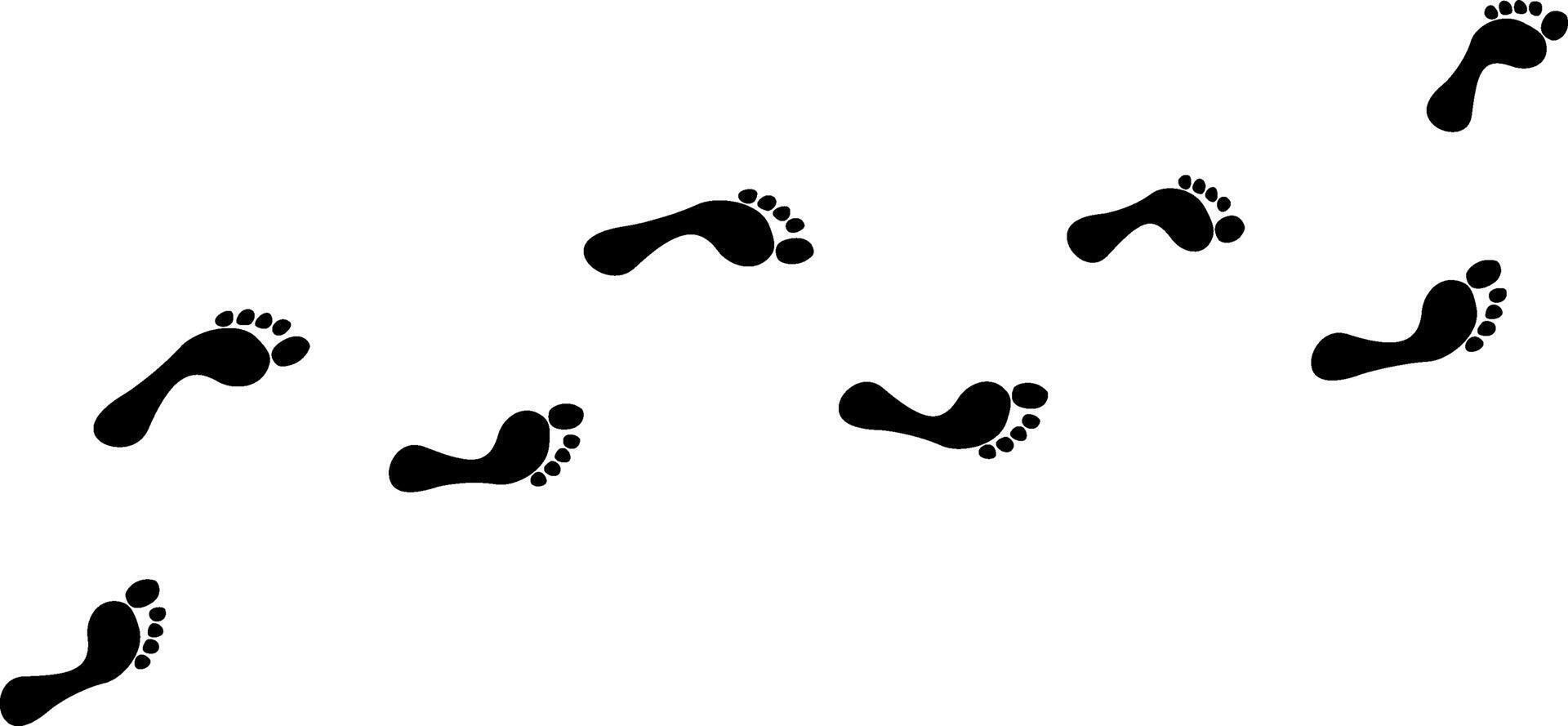 Human black footprints way white background isolated, barefoot person foot print pattern, walking path, footsteps silhouette illustration, bare feet route trail, ink imprint, stamp, mark, sign, symbol vector