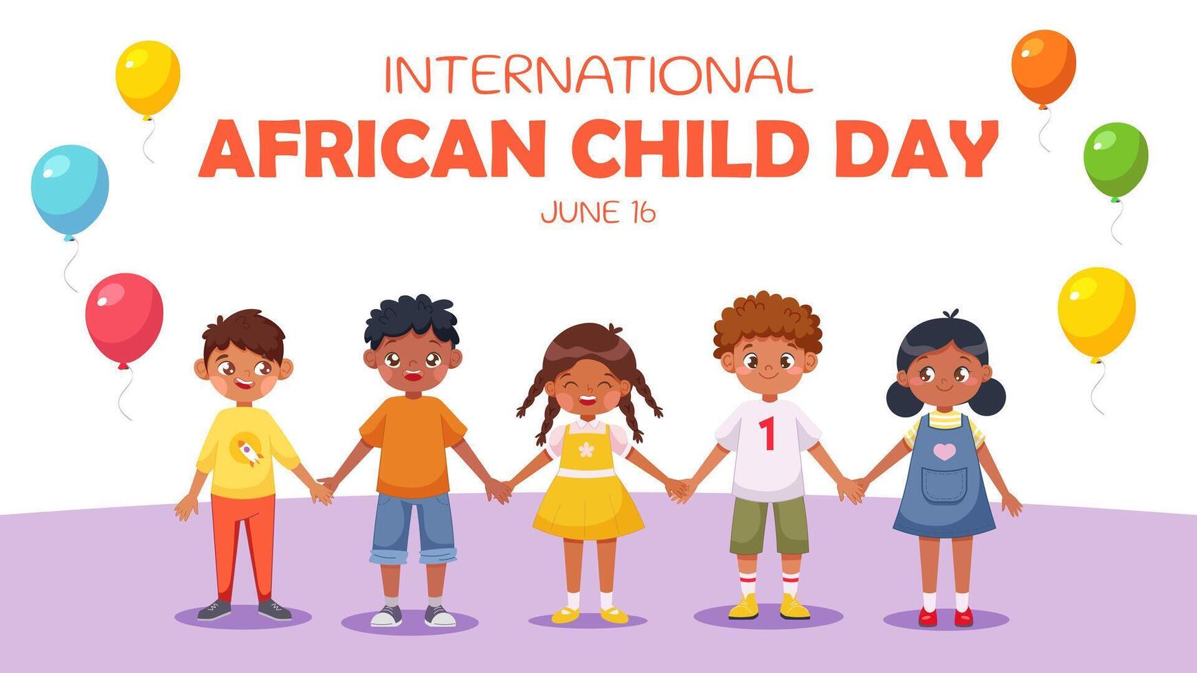 Poster, postcard for the International Day of the African Child, June 16. Five black children holding hands on background of balloons and inscription vector