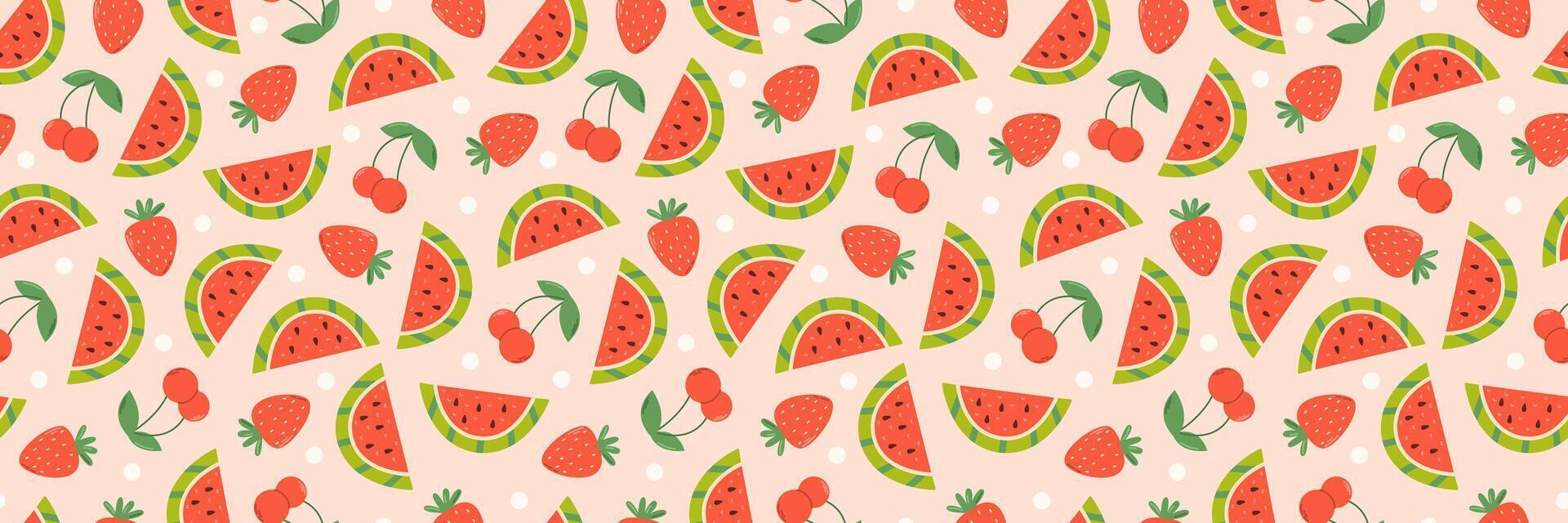 Watermelon slices, strawberry and cherry. Summer seamless pattern vector