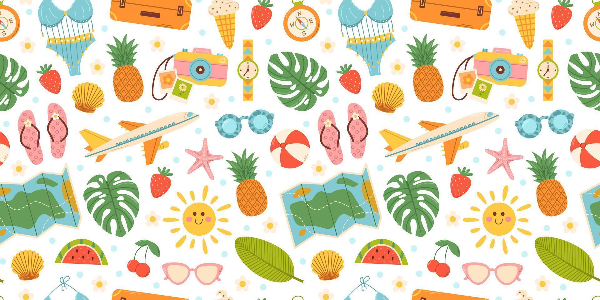 Cute summer beach elements. Vacation accessories for sea holidays. Hand drawn seamless pattern vector