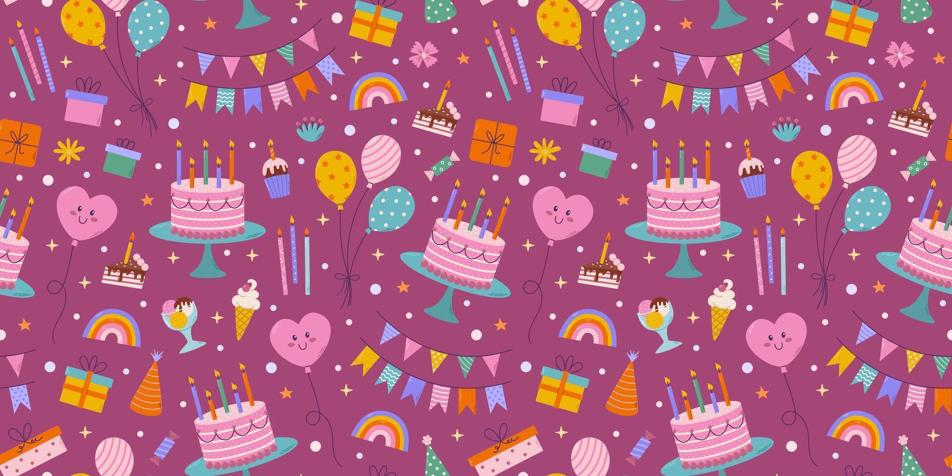 Birthday seamless pattern. Different party objects, colorful holiday items, gift, cake, balloon and garlands vector