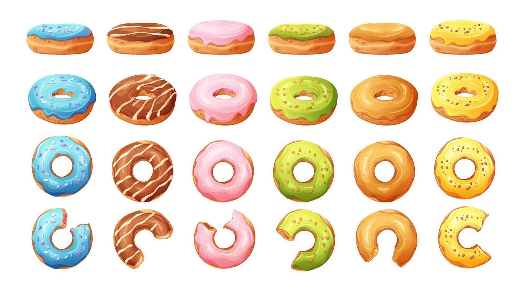Collection of delicious cartoon donuts with glaze in different twists and turns. Donut side view, turned, top view, bite off. illustration vector