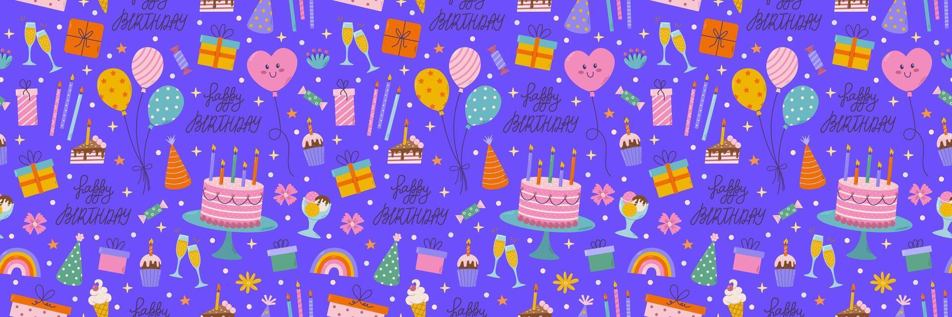 Birthday seamless pattern. Different party objects, colorful holiday items, gift, cake, balloon vector