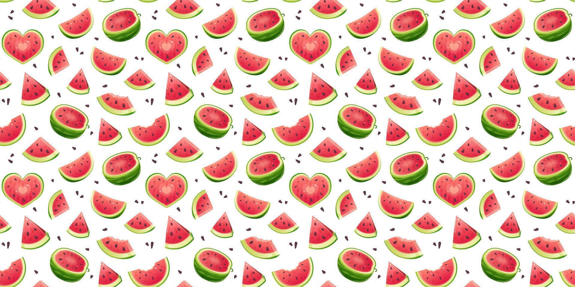 Seamless pattern with cartoon watermelon and heart shaped watermelon pieces. Fruity summer pattern vector