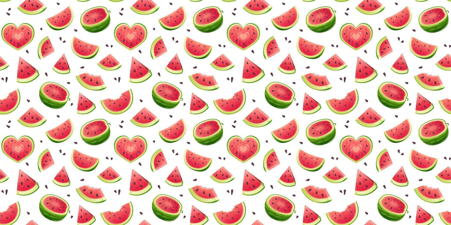 Seamless pattern with cartoon watermelon and heart shaped watermelon pieces. Fruity summer pattern vector