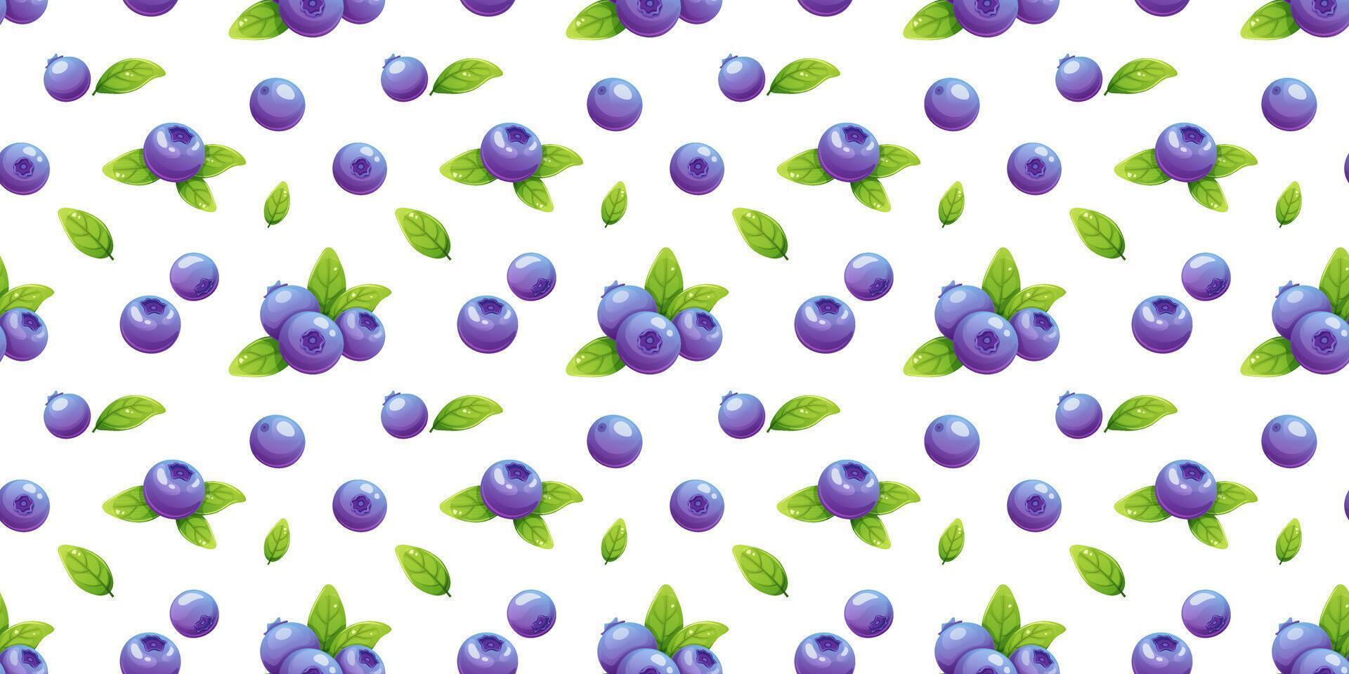 Seamless pattern with blueberries and green leaves on white background. Cartoon illustration of berries for packaging, wallpaper vector