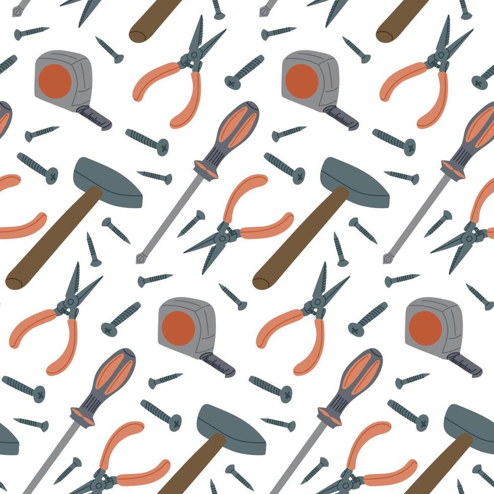 Seamless pattern with repairing tools in flat style. Sustainability and upgrade concept. hand drawn elements isolated on white background. vector