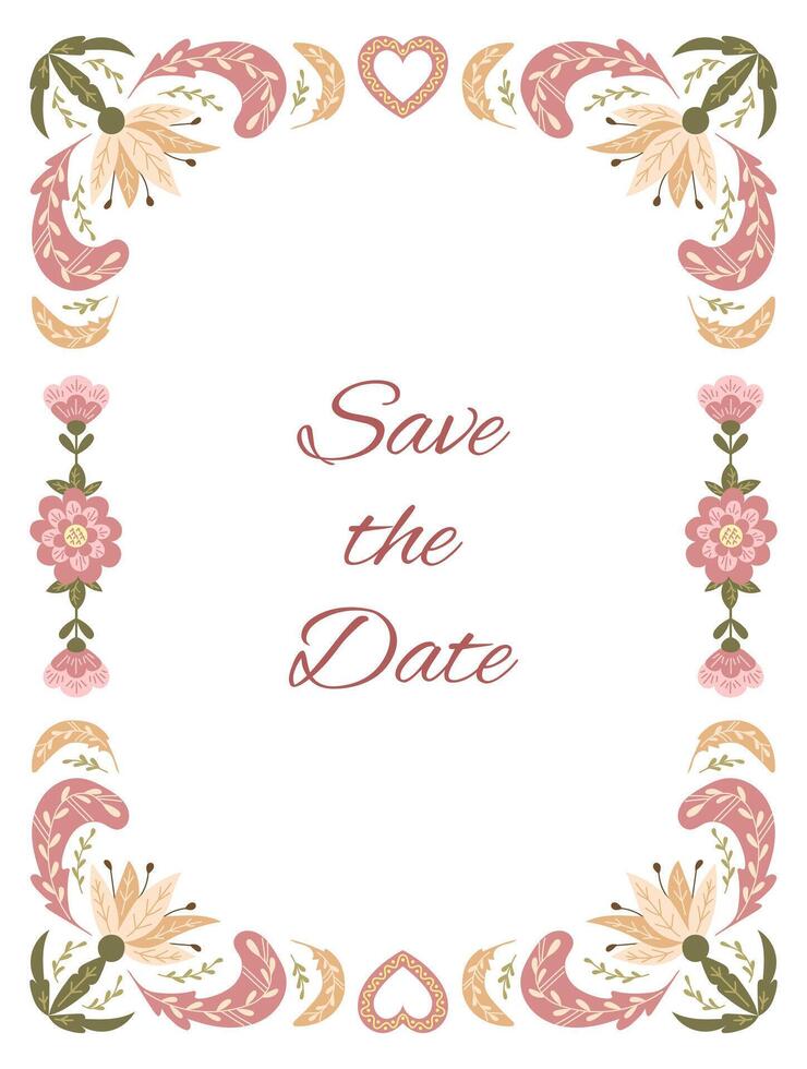 Wedding symmetry invitation in flat floral folk style and muted colors. Botanical illustration with feathers for engagement greeting card isolated on white background vector