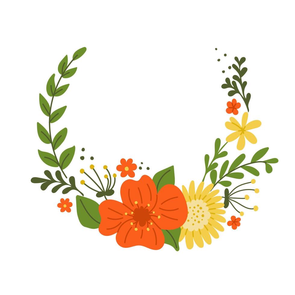 Floral wreath with abstract stylized flowers in flat style. hand drawn floral illustration isolated on white background. Good as template for wedding and greeting card or decoration vector