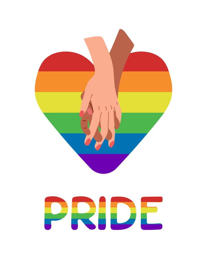 Pride month flat poster with hands and rainbow heart. LGBTQ community symbols. flat hand drawn elements isolated on white background vector
