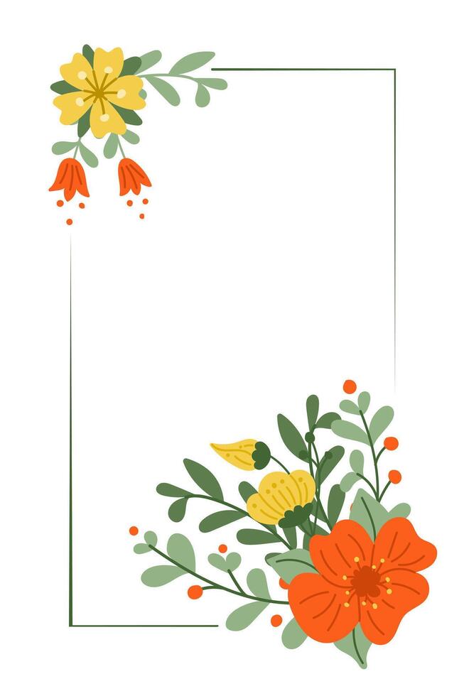 floral plano saludo tarjeta modelo en niños pastel colores. rectángulo marco para boda, aniversario y cumpleaños digital tarjeta o bandera. moderno resumen mano dibujado flores aislado en blanco antecedentes vector