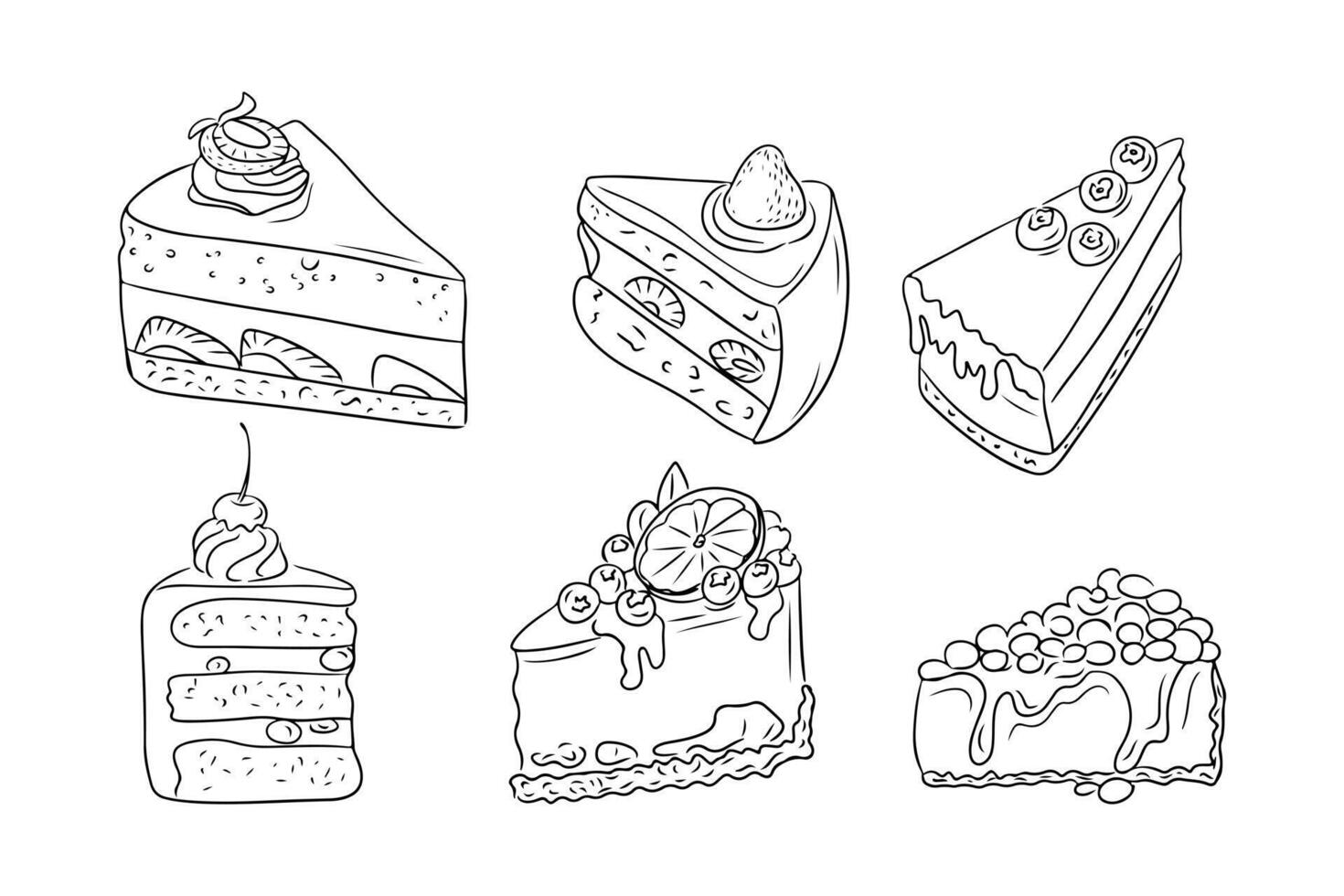 Doodle set of pieces of cakes for birthday or or other celebration. Monochrome black outline stickers. Collection of sketchy contour drawings isolated on white background vector