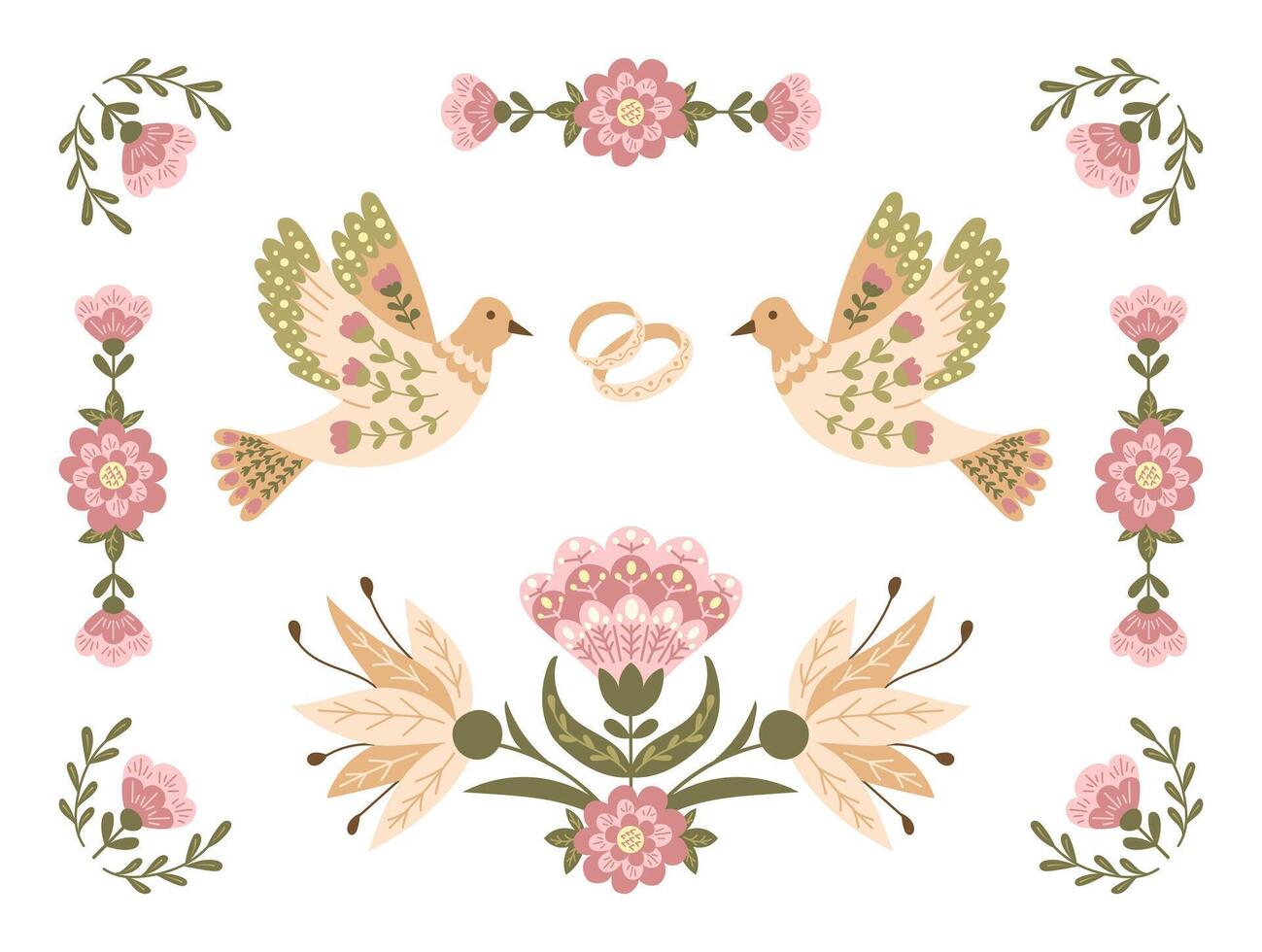 Wedding horizontal banner or template in flat floral folk style with birds and rings in muted colors. Botanical illustration for wedding or engagement invitation isolated on white background vector