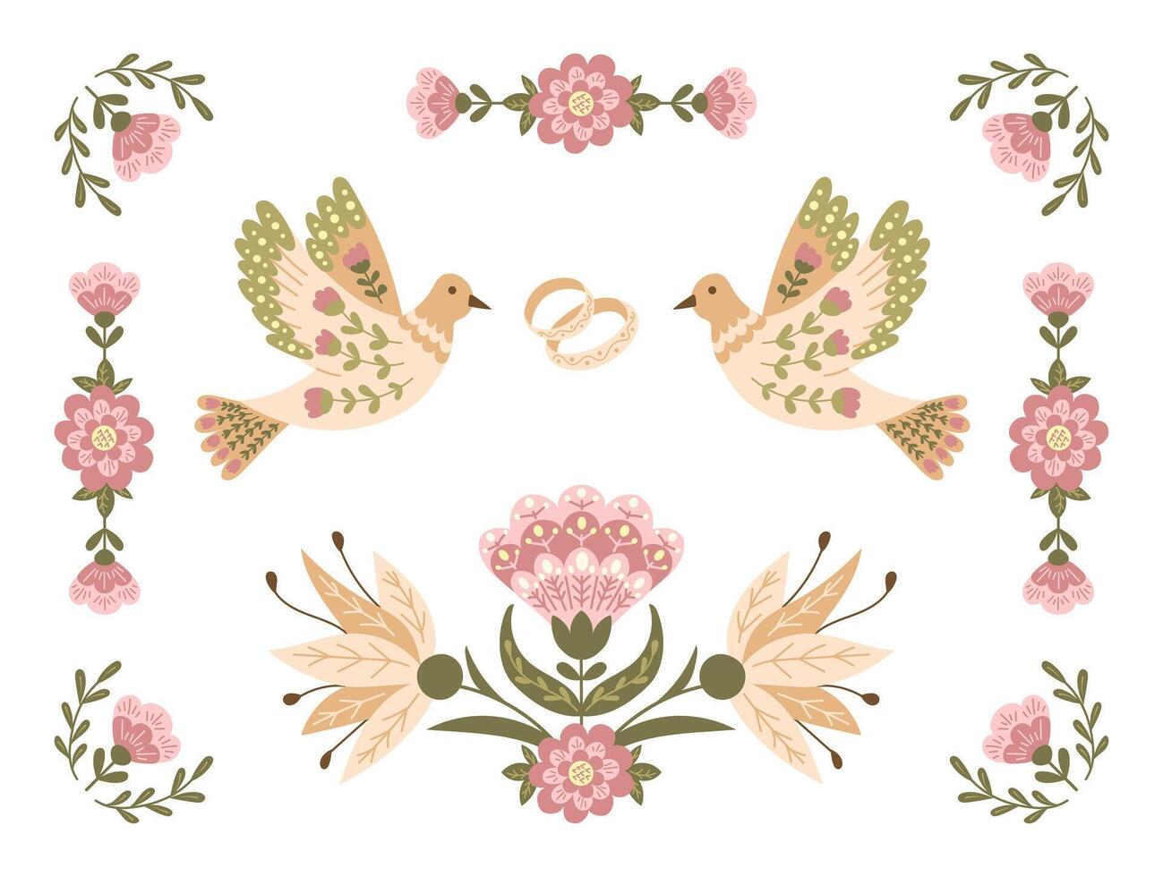 Wedding horizontal banner or template in flat floral folk style with birds and rings in muted colors. Botanical illustration for wedding or engagement invitation isolated on white background vector