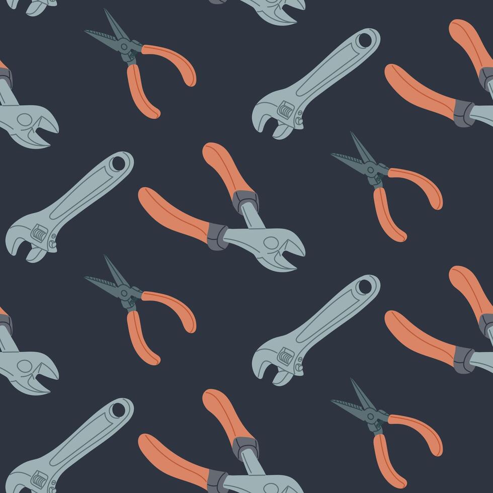 Instrumental seamless pattern with flat drawings of repairing tools. Dark theme. Sustainability and upgrade concept. hand drawn elements isolated on dark background. Industrial concept vector