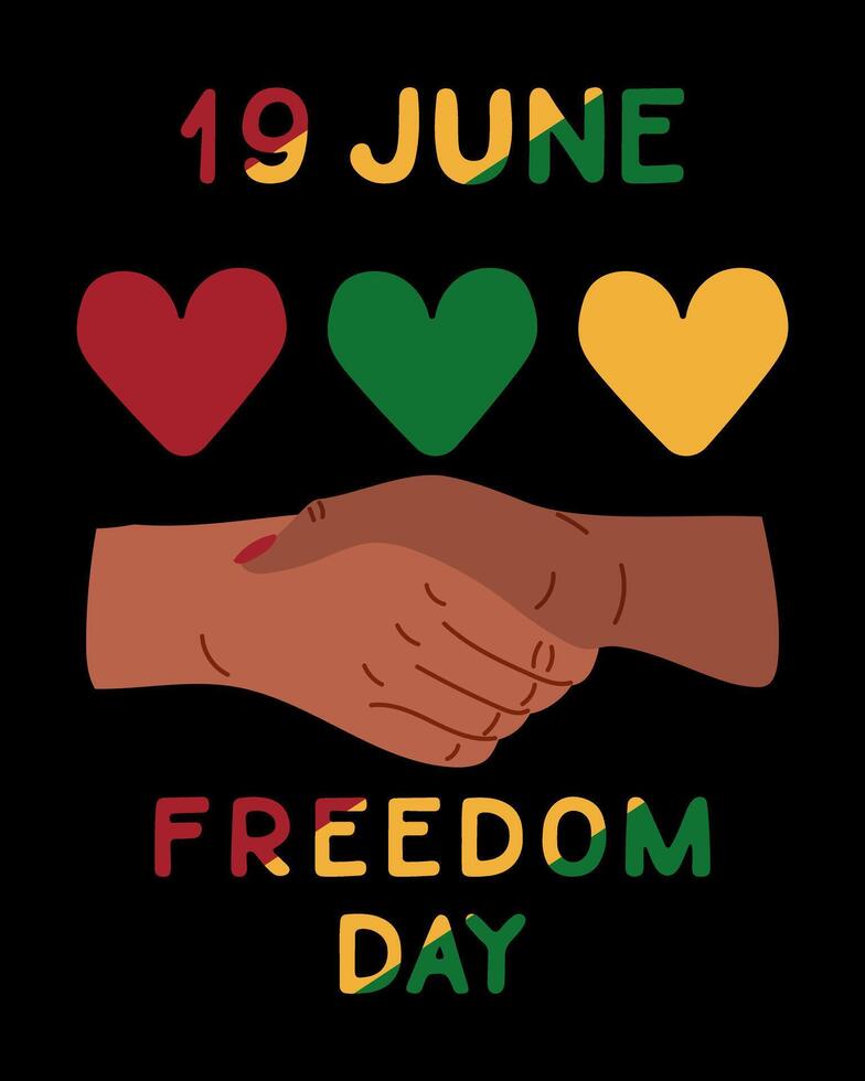 Juneteenth poster with diverse hands and traditional colors. flat hand drawn elements with text Freedom Day on black background. Vertical placard or banner for social media vector